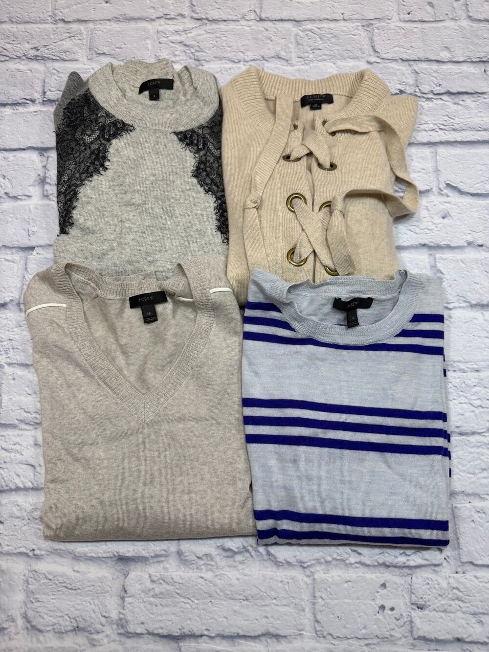 Lot of 4 Women’s J Crew Merino Wool Cashmere Sweaters Blue Gray Lace Up Sz XS